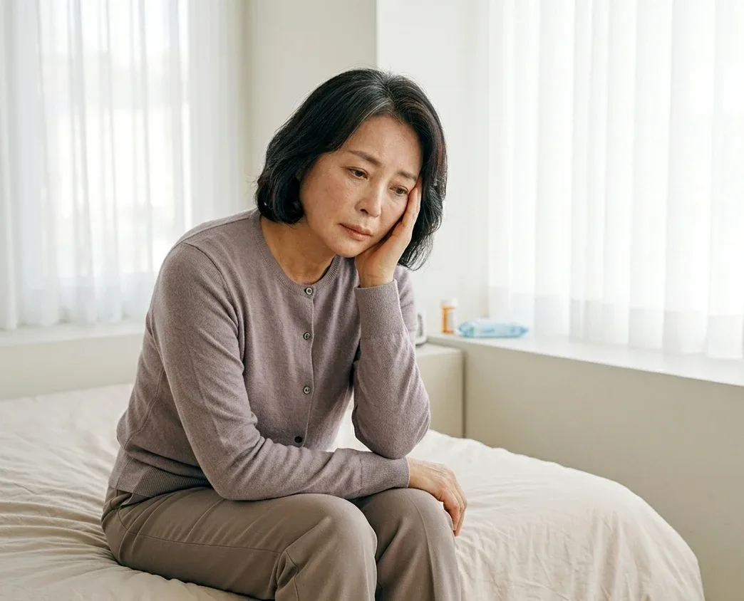 침대에 걸터앉아 불편한 몸 상태를 호소하는 중년 여성